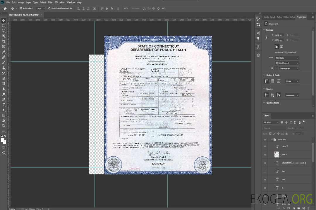 Modèle de certificat de naissance de l'État du Connecticut aux États-Unis au format PSD template Modèle de certificat de naissance de l'État du Connecticut aux États-Unis au format PSD template